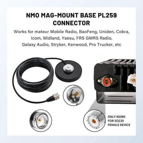 NMO Antenna Magnetic Base Mount With 16.4 Ft RG58 Coaxial Cable PL259 Plug And Mounting Cap for CB GMRS Marine Radios
