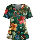 Women V Neck Short Sleeve Scrub Top With Turtle Hawaiian Print For Healthcare Professionals Comfy Breathable Medical Uniform In Green 5XL