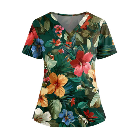 Women V Neck Short Sleeve Scrub Top With Turtle Hawaiian Print For Healthcare Professionals Comfy Breathable Medical Uniform In Green 5XL