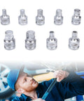 Heavy Duty Nine Piece Three Quarter Inch Drive Hex Spline Socket Set Forged From Premium Chrome Molybdenum Steel showing various socket sizes and an automotive technician at work.