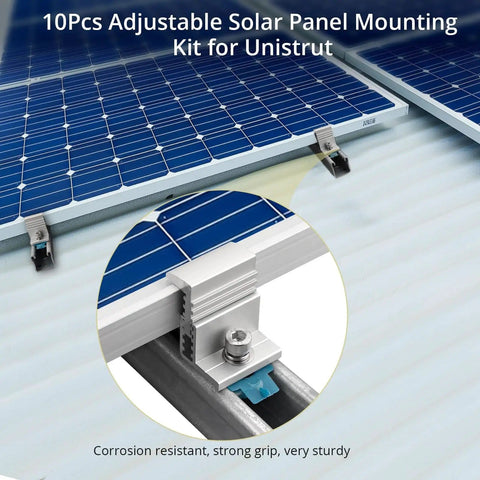 10 Pcs Adjustable Solar Panel End Clamp For Unistrut, 30-50mm Aluminum Mounting Brackets with solar panels on metal roof