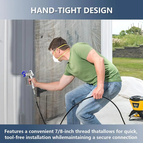 Man using 7/8 Inch RAC X Hand Tight Tip Guard With Blue Base G7/8 Thread Reversible Spray Nozzles on wall