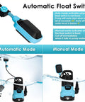 Beast Of A 1HP 750W Submersible Sump Pump With Sliding Filter showing automatic and manual float switch modes for water drainage