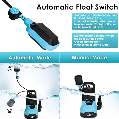 Beast Of A 1HP 750W Submersible Sump Pump With Sliding Filter showing automatic and manual float switch modes for water drainage