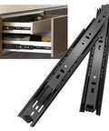 Premium Concealed Bottom Mount Drawer Slides For Cabinets, Built Tough Heavy Duty Professional Grade Hardware With Hidden Rails For A Clean Look, Durable, Smooth Operation And No Exposed Hardware. Black metal concealed bottom-mount drawer slides for cabinets.