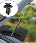 Open car hood with inset of nylon fastener showcasing 100 Piece Lower Hood Clip And Bumper Clip Replacement Set With Push Pin Fasteners.