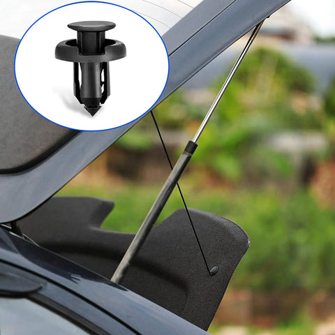 Open car hood with inset of nylon fastener showcasing 100 Piece Lower Hood Clip And Bumper Clip Replacement Set With Push Pin Fasteners.