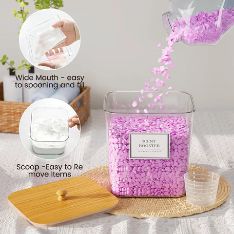 Clear Acrylic Laundry Pods Storage Container Set With Wooden Lids And Scoops, Includes Dryer Sheet Holder And Waterproof Labels, Perfect For Detergent And Scent Boosters, Keeps Your Laundry Room Fresh And No Sweat