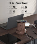 Power Strip Surge Protector Tower With 15W Wireless Charger 13A Charging Station 1050J with devices on a desk