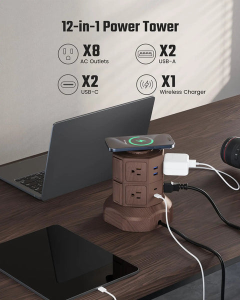 Power Strip Surge Protector Tower With 15W Wireless Charger 13A Charging Station 1050J with devices on a desk