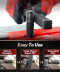 TOMMARS 3-Piece thread restorer set; black metal SAE/Metric files shown with bolt clamped in a vise