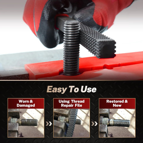 TOMMARS 3-Piece thread restorer set; black metal SAE/Metric files shown with bolt clamped in a vise