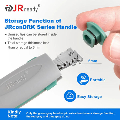 Detail of 20 Piece Pin Removal Tool Kit For Electrical Connectors, user holding JRconDRK Series handle with 6mm storage insert.
