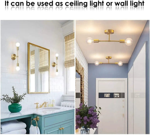 Two Light Brass Vanity Lights Over Mirror Dope Modern Semi Flush Mount Ceiling Fixture for bathroom and hallway setup, 2 pack