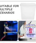 Collage of filament storage box, 3D printer, and printing process; Filament Storage Box For 3D Printer With Drying System And Airtight Waterproof Seal 5.8L Capacity Keeps Filament Dry Prevents Clogs And Organizes Printing Accessories
