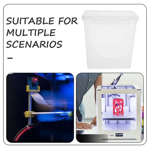 Collage of filament storage box, 3D printer, and printing process; Filament Storage Box For 3D Printer With Drying System And Airtight Waterproof Seal 5.8L Capacity Keeps Filament Dry Prevents Clogs And Organizes Printing Accessories
