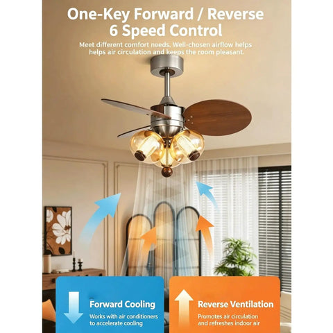 YPDJVLTI Ceiling Fans Lights Children's LED Fandelier with three light bulbs and wood blades, showing airflow directions.