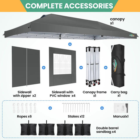 10x20 Pop Up Canopy Tent With One Push Easy Up Frame, 6 Removable Sidewalls, Built In Air Vent, Waterproof UV50 Plus, accessories shown.