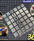 Hella Durable 36 Piece Stainless Steel Hobby Detailing Set With Slick Carving Rulers Scribe Markers And Top Shelf Drill Hole Stencils For Scale Gundam And Military Model Kits Crafting - Close-up of pre-design templates.