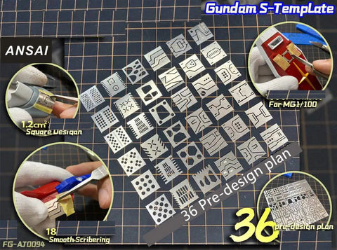 Hella Durable 36 Piece Stainless Steel Hobby Detailing Set With Slick Carving Rulers Scribe Markers And Top Shelf Drill Hole Stencils For Scale Gundam And Military Model Kits Crafting - Close-up of pre-design templates.