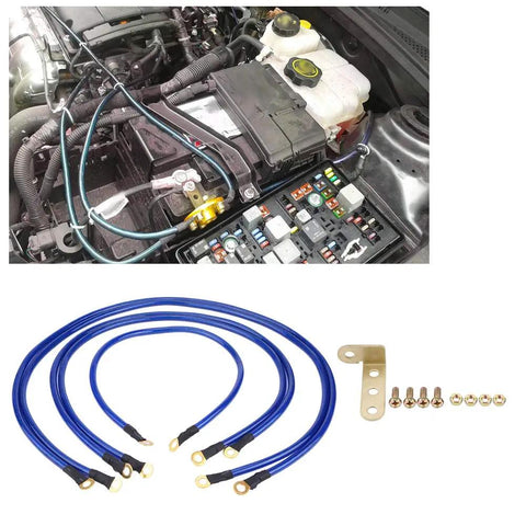 Universal Car Grounding Kit with PVC Ground Wires set, includes 2 100cm cables, 2 80cm cables, 60cm cable, installed in vehicle engine bay