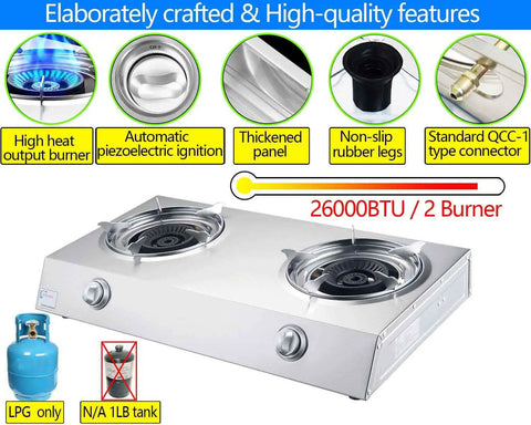 2 Burner Propane Stove With Auto Ignition 26000 BTU Stainless Steel Outdoor Cooker features highlighted