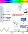 Dope RGB Wall Light With 17 Color Modes And Breathing Flicker Effects, USB-powered options and control settings diagram