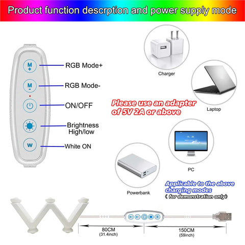 Dope RGB Wall Light With 17 Color Modes And Breathing Flicker Effects, USB-powered options and control settings diagram