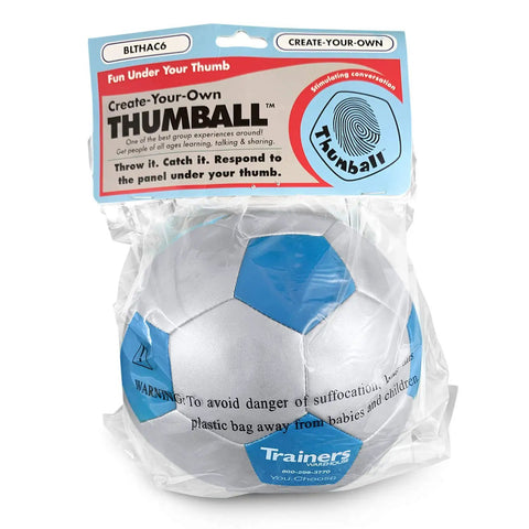 Create Your Own Thumball 6 Inch Blue With Marker Includes 30 Blank Panels For Custom Ice Breakers And Learning Reinforcement Tools Perfect For Class Team Building And Quick Conversational Prompts. Blue 6-inch Thumball in plastic bag