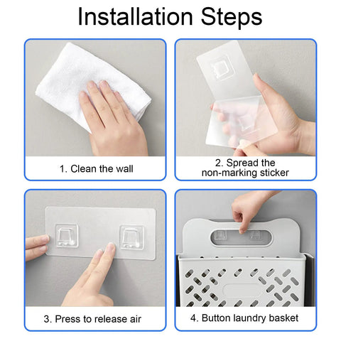 Installation steps for Hanging Laundry Basket Hamper With Handle, Collapsible Wall Mount, showing wall cleaning and sticker application.