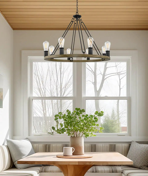 Rustic Wagon Wheel Chandelier With Eight Lights Large Farmhouse Round Kitchen Island Pendant In Smoked Birch Finish With Classic Black Accents hanging over dining table