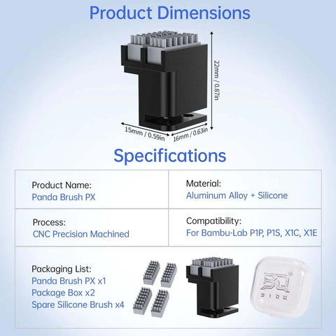 Dimensions and specs for Panda Nozzle Brush Kit with Silicone Wiper for Bambu Lab P1S P1P X1C X1E 3D Printers