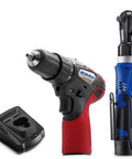 12V Cordless Ratchet Wrench And Compact Drill Driver Combo Kit, 3 Eighths Inch Drive, 170 RPM Ratchet, 265 Inch-Pounds Torque, Includes Li-Ion Battery And Fast Charger, G12 Series Value Pack shown with tools and charger
