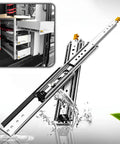 Heavy Duty Drawer Slides With Lock Full Extension Ball Bearing Industrial Locking Rail Built Like A Brick 450 Lb Load Capacity shown next to storage drawers.