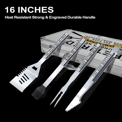 Heavy Duty Grillin Gift Set For Retired Men Dad Grandpa Boss Coworker Teacher BBQ Lovers Stainless Steel Grill Utensils With Non Slip Handles In A Durable Aluminum Carry Case shown with spatula, fork, tongs, and basting brush.