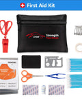 Beefed Up Roadside Emergency Kit For Cars And Trucks With first aid items spread out with black pouch and tools