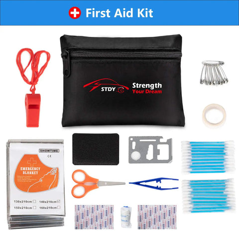 Beefed Up Roadside Emergency Kit For Cars And Trucks With first aid items spread out with black pouch and tools