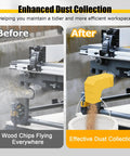 Dust Port Adapter For DWE7485 Table Saw With Easy Install And No Tools Needed Compact Plastic Dust Collector With Hook Efficient Dust Collection For Your Table Saw Perfect Fit And Quick Cleanup installed on table saw, showing before and after dust collection efficiency.