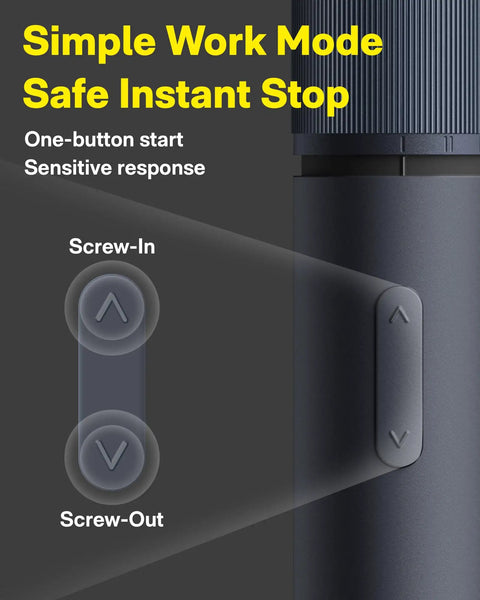 Close-up of controls on Workhorse Cordless Electric Screwdriver Kit With One Quarter Inch Hex Bits 25 Piece S2 Steel Set