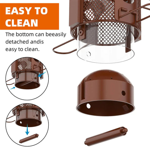 Weight Activated Squirrel Proof Bird Feeder For Outdoor Use Large Capacity Keeps Squirrels From Stealing Seed While Finches Cardinals And Chickadees Feed Freely Weatherproof Durable Construction In Reddish Brown with detachable bottom for easy cleaning