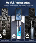 Dual Lens Endoscope Camera With Light For Inspections showing accessories: protective cap, hook, magnet for inspections