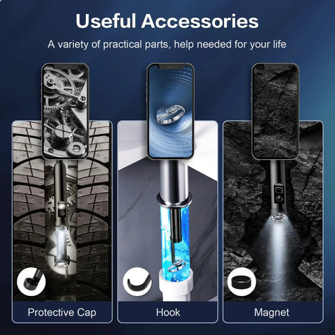 Dual Lens Endoscope Camera With Light For Inspections showing accessories: protective cap, hook, magnet for inspections
