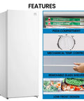 No Sweat Storage Upright Convertible Freezer Fridge With Seven Point Zero Cubic Feet Capacity In Clean White, featuring pizza compartment and temp control.