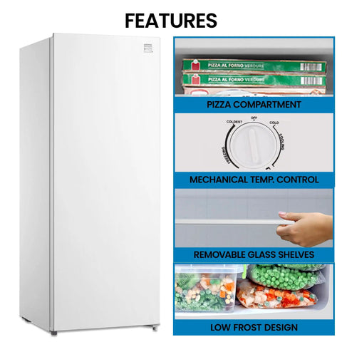 No Sweat Storage Upright Convertible Freezer Fridge With Seven Point Zero Cubic Feet Capacity In Clean White, featuring pizza compartment and temp control.