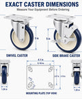 Smooth And Sturdy 5 Inch Rubber Caster Wheels In Blue featuring swivel and side brake dimensions and mounting plate measurements.