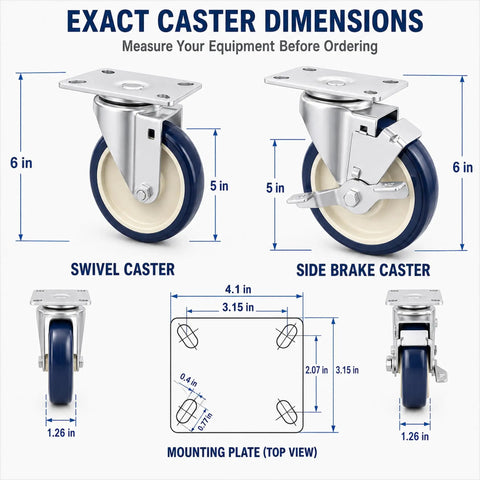 Smooth And Sturdy 5 Inch Rubber Caster Wheels In Blue featuring swivel and side brake dimensions and mounting plate measurements.