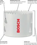 Front view of Bosch HBT225 2-1/4 in bi-metal T-slot hole saw with white body and red Bosch logo