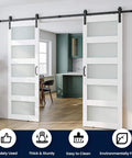 Glass Barn Door Set 60x84 Inches Double 30x84 With Ten Foot Sliding Hardware Kit And Handle Pre Drilled Ready To Assemble Waterproof PVC Coating Five Panel Frosted And Clear Glass White installed in kitchen.