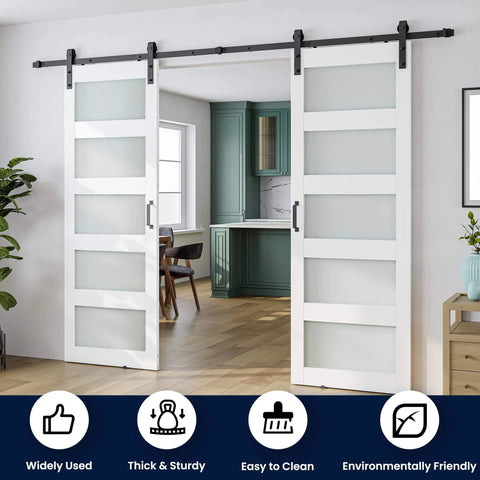 Glass Barn Door Set 60x84 Inches Double 30x84 With Ten Foot Sliding Hardware Kit And Handle Pre Drilled Ready To Assemble Waterproof PVC Coating Five Panel Frosted And Clear Glass White installed in kitchen.