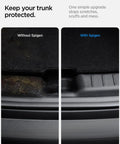 Spigen rear bumper trunk sill guard for Tesla Model Y (2025–2026), black; two-panel view, left without Spigen, right with Spigen.